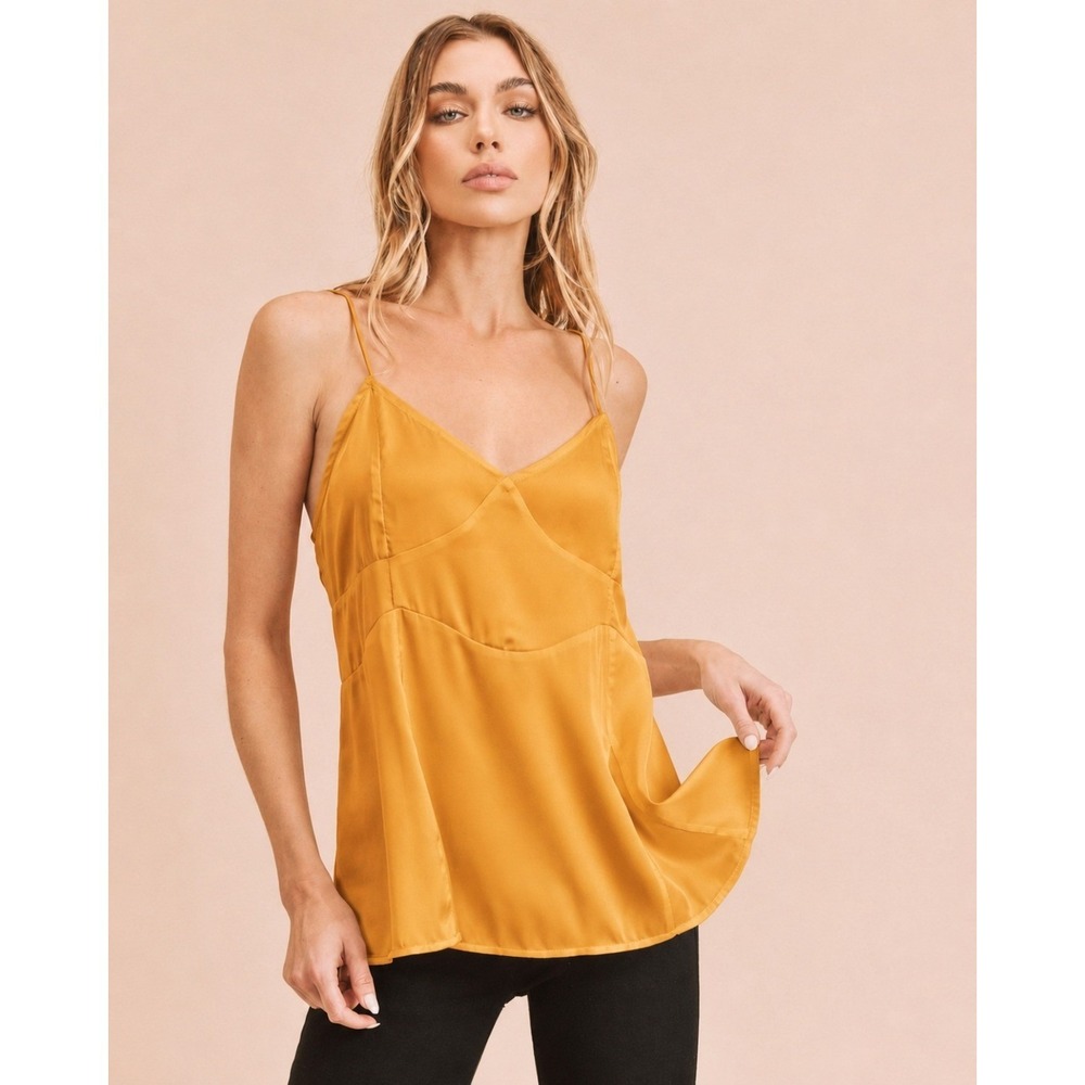 Amei+Co Yellow Satin Camisole Tie Back Spaghetti Strap Silky Tank‎ Top NWT Boho